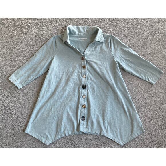 Soft Surroundings Button Top Large 3/4 Sleeve A-Line Art Jersey Light Blue Beach - Picture 1 of 16